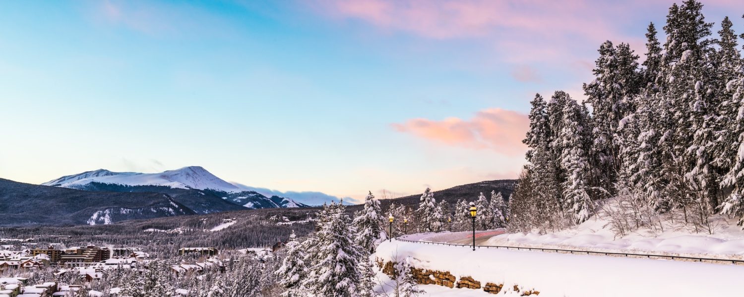 Breckenridge, Colorado, USA town skyline in winter at dawn.