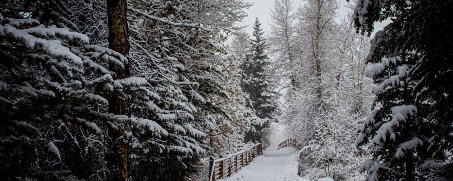 A snow covered riverwalk in Summit County, Colorado