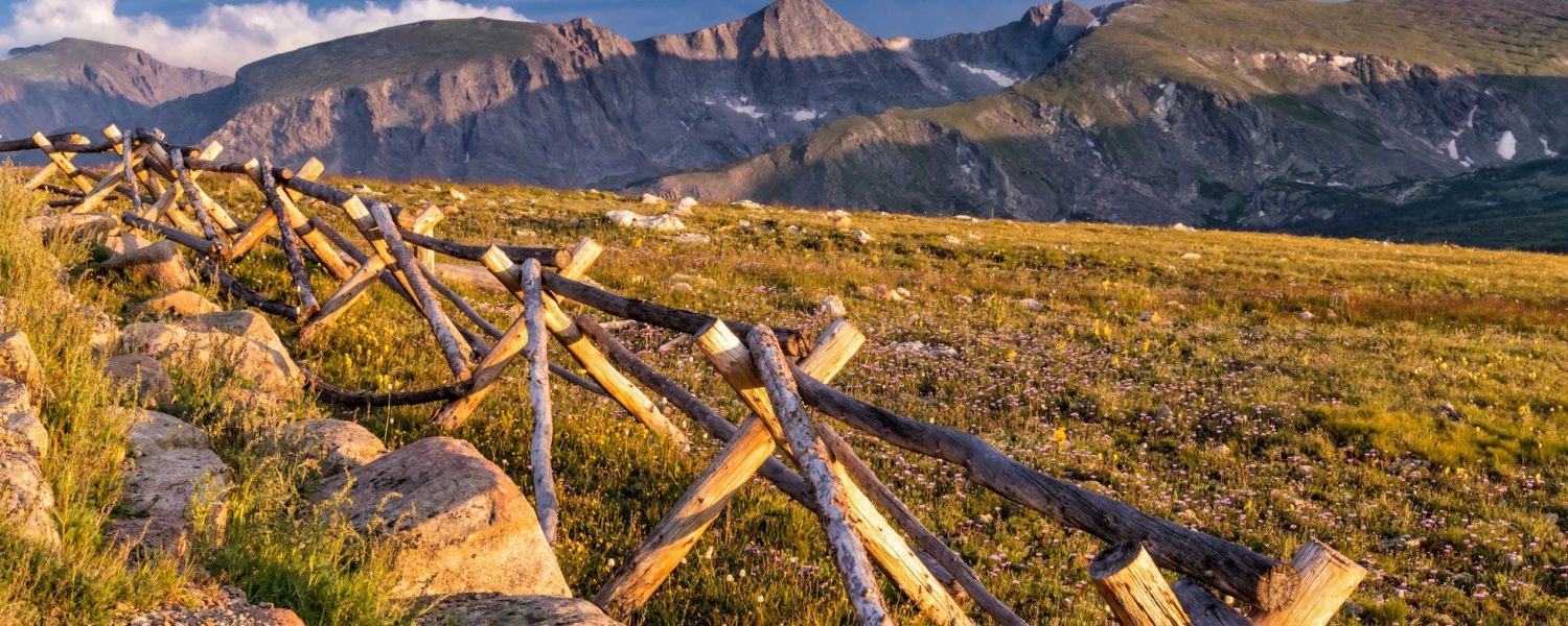 A wooden fence lit by the golden setting sun at the Gore Range Overlook on Trail Ridge Road, Rocky Mountain National Park, Colorado.