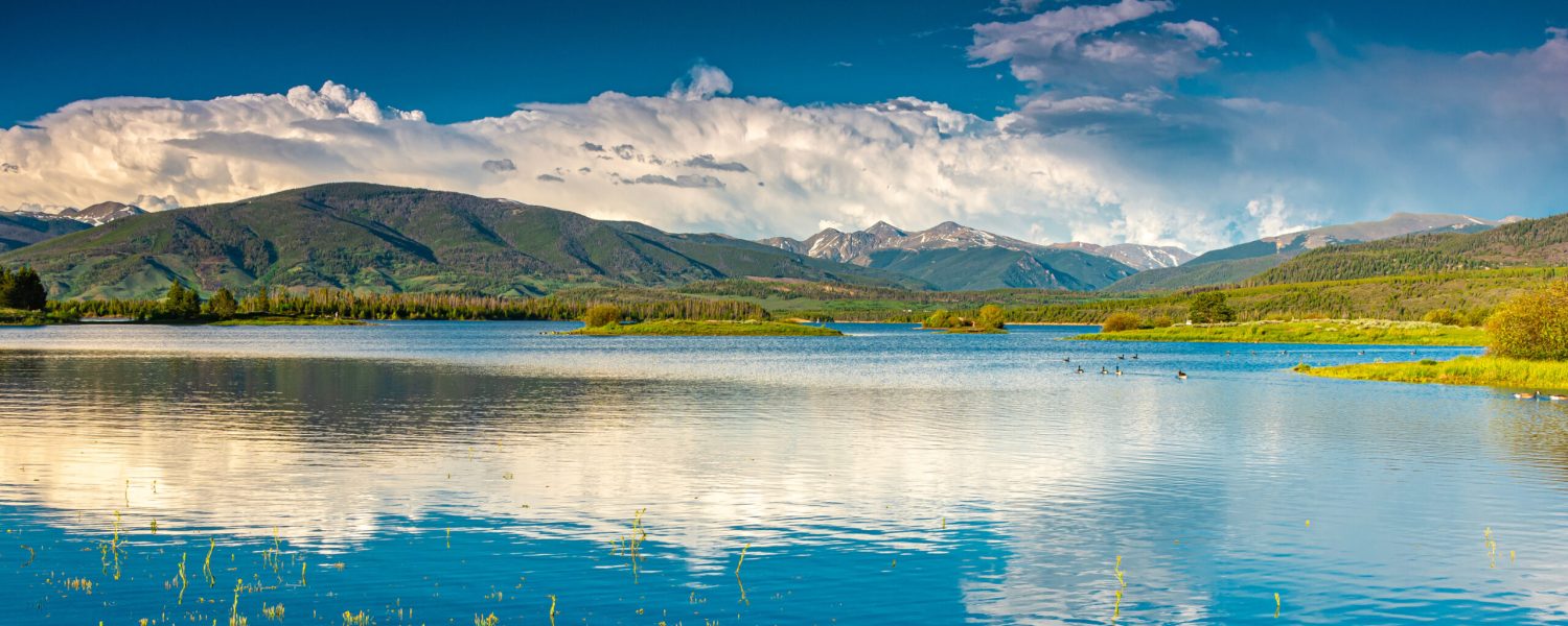 View of Dillon reservoir from the shore in Frisco. Brochure, travel, inspirational concepts.